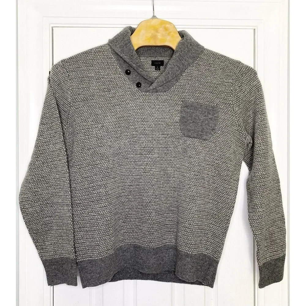 J Crew Mens Lambswool Jacquard Shawl Collar Sweater Grey Large